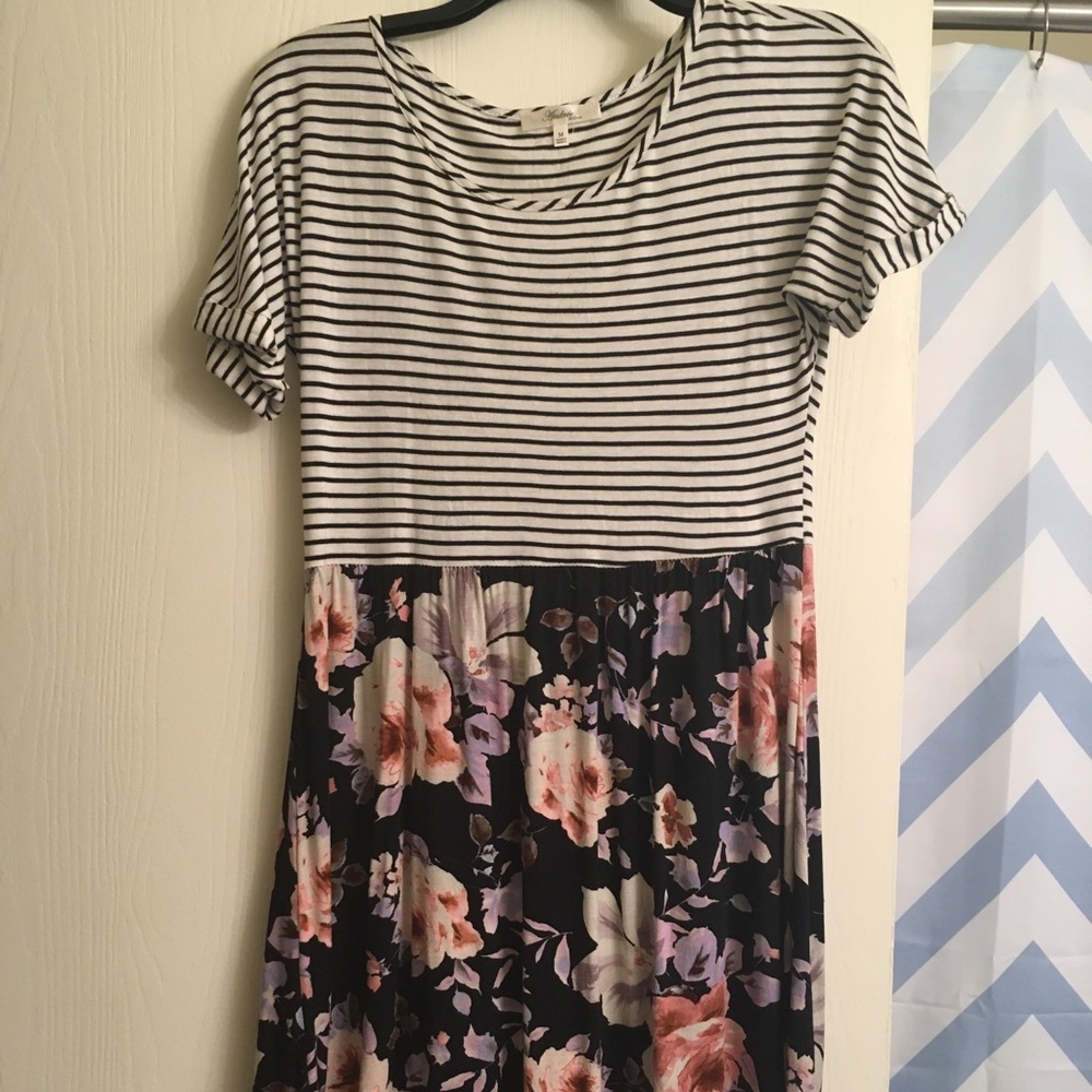 Black and white striped and floral dress